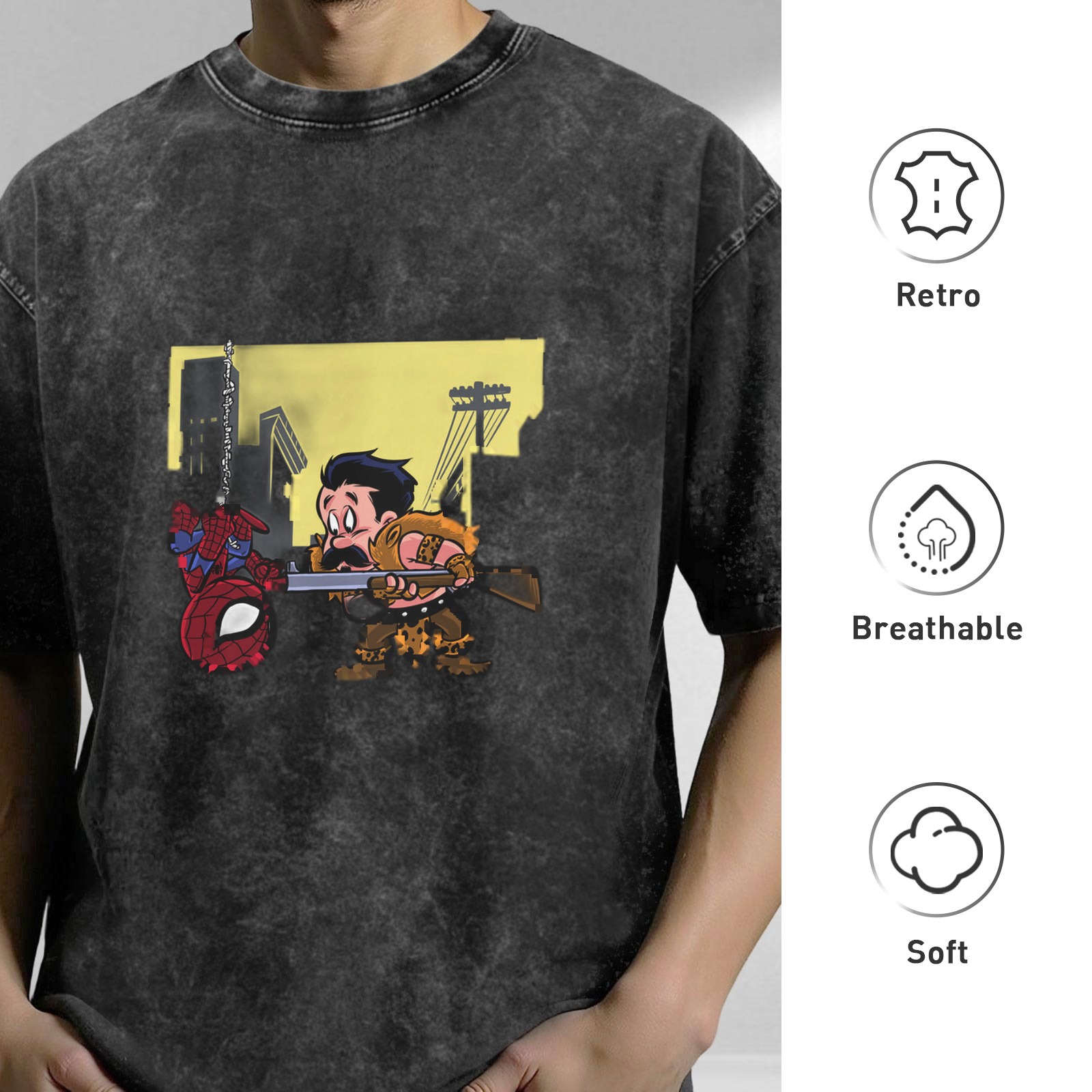 Washed black graphic tee with Spider-Man and hunter cartoon print