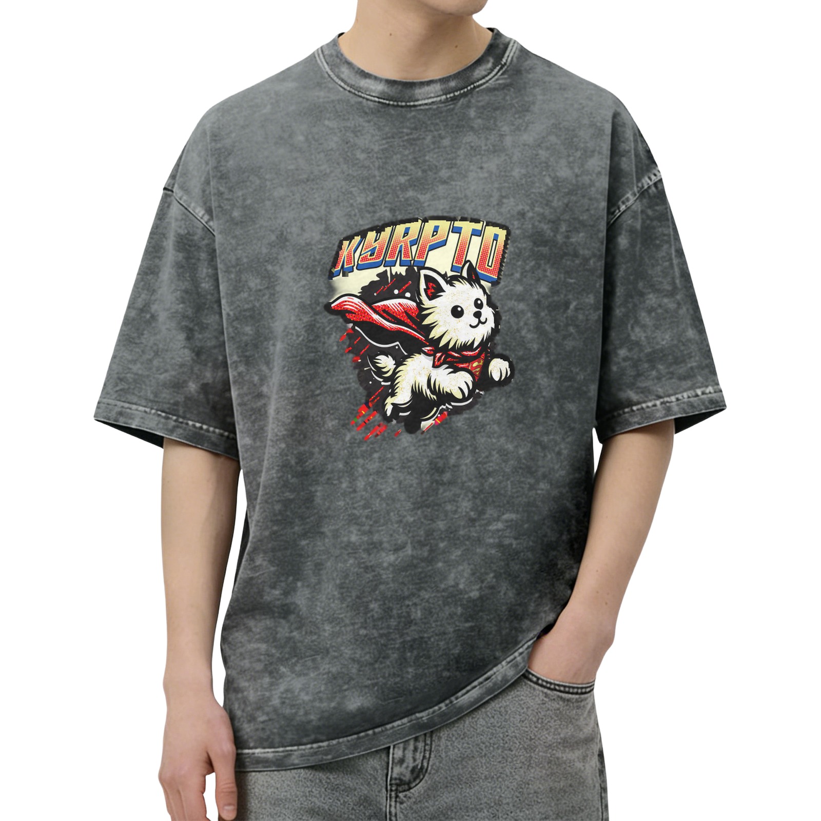 Washed Black Oversized T-Shirt with Superhero Flying Puppy Graphic