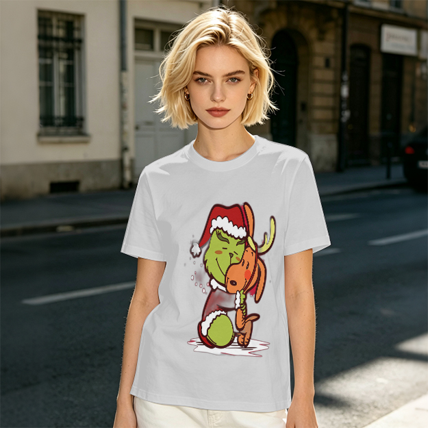 Olive Christmas T-Shirt Featuring Grinch Hugging Max The Reindeer