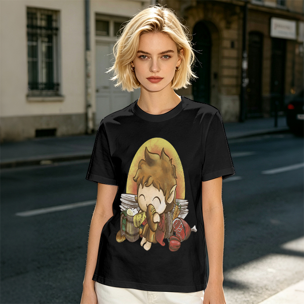 Chibi Hobbit Eating Bread Surrounded by Food T-Shirt