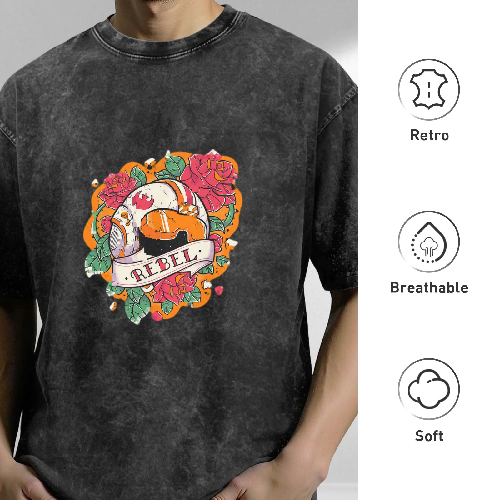 Washed Black Rebel Droid Rose Graphic T-Shirt