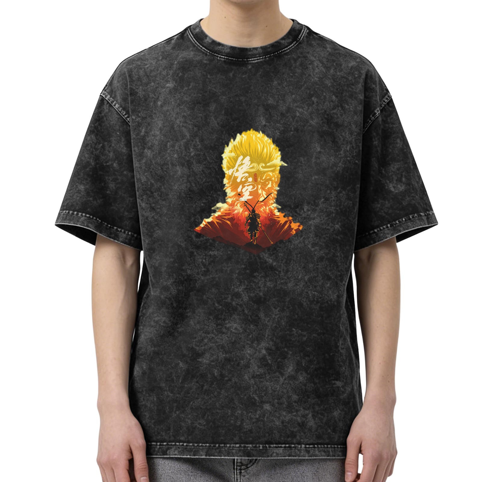 Wukong Graphic Washed Black Short Sleeve T-Shirt