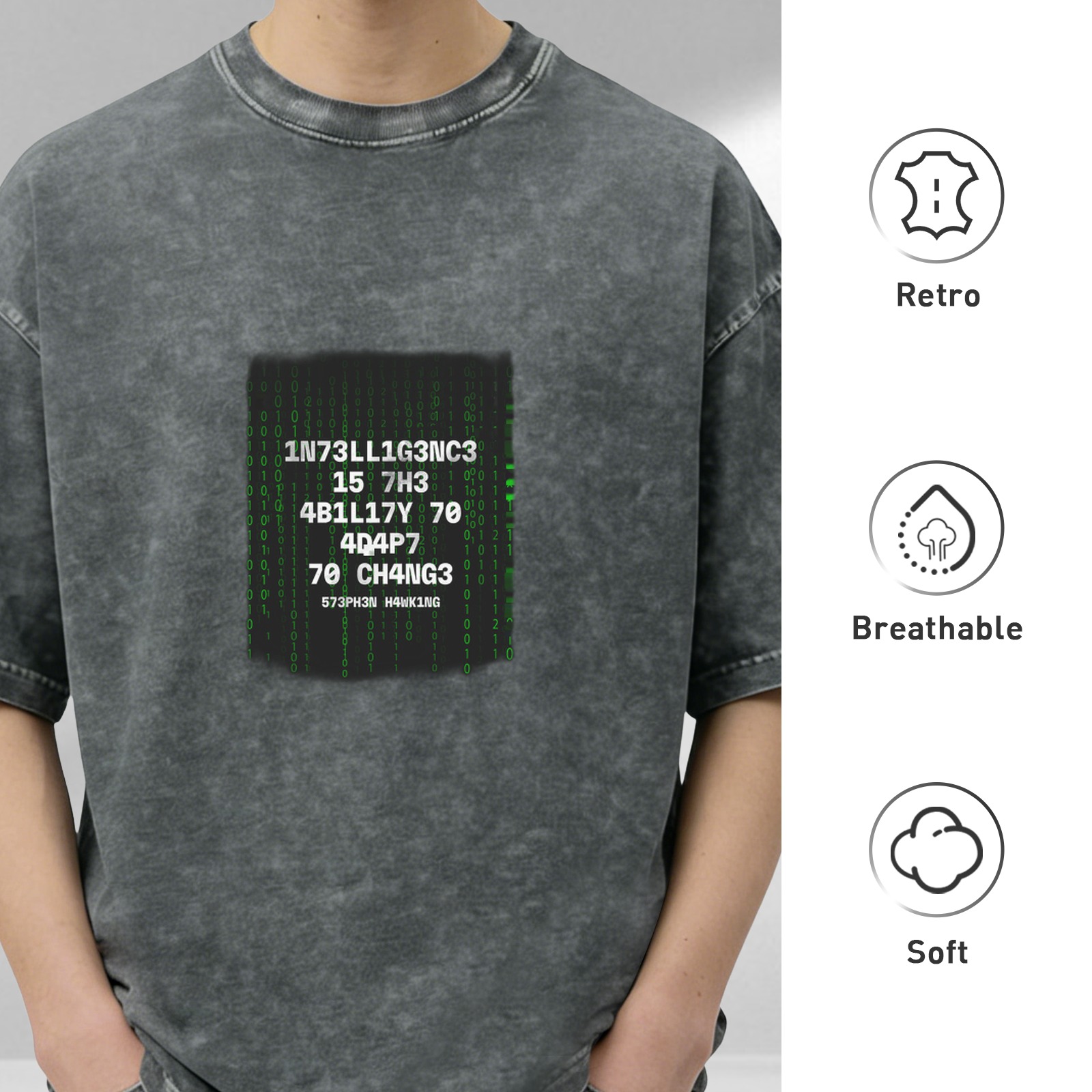 oversized acid wash t-shirt with matrix style intelligence quote print