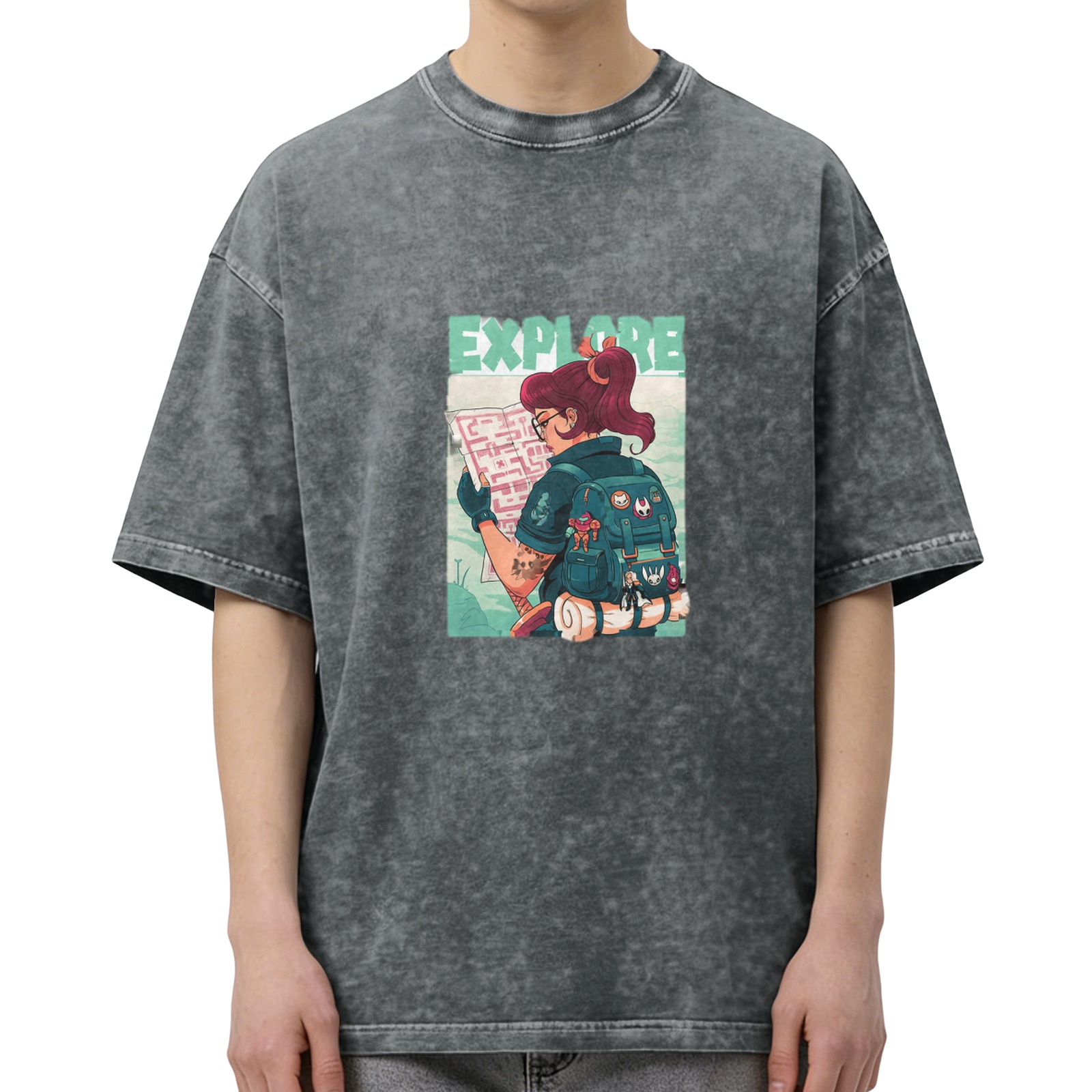 Oversized dark wash graphic tee with explore-themed adventurer print