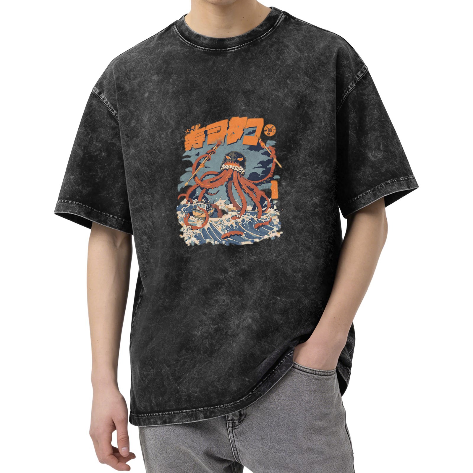 Retro washed black octopus illustration short-sleeved T-shirt Japanese Ukiyo-e style octopus pattern casual top
