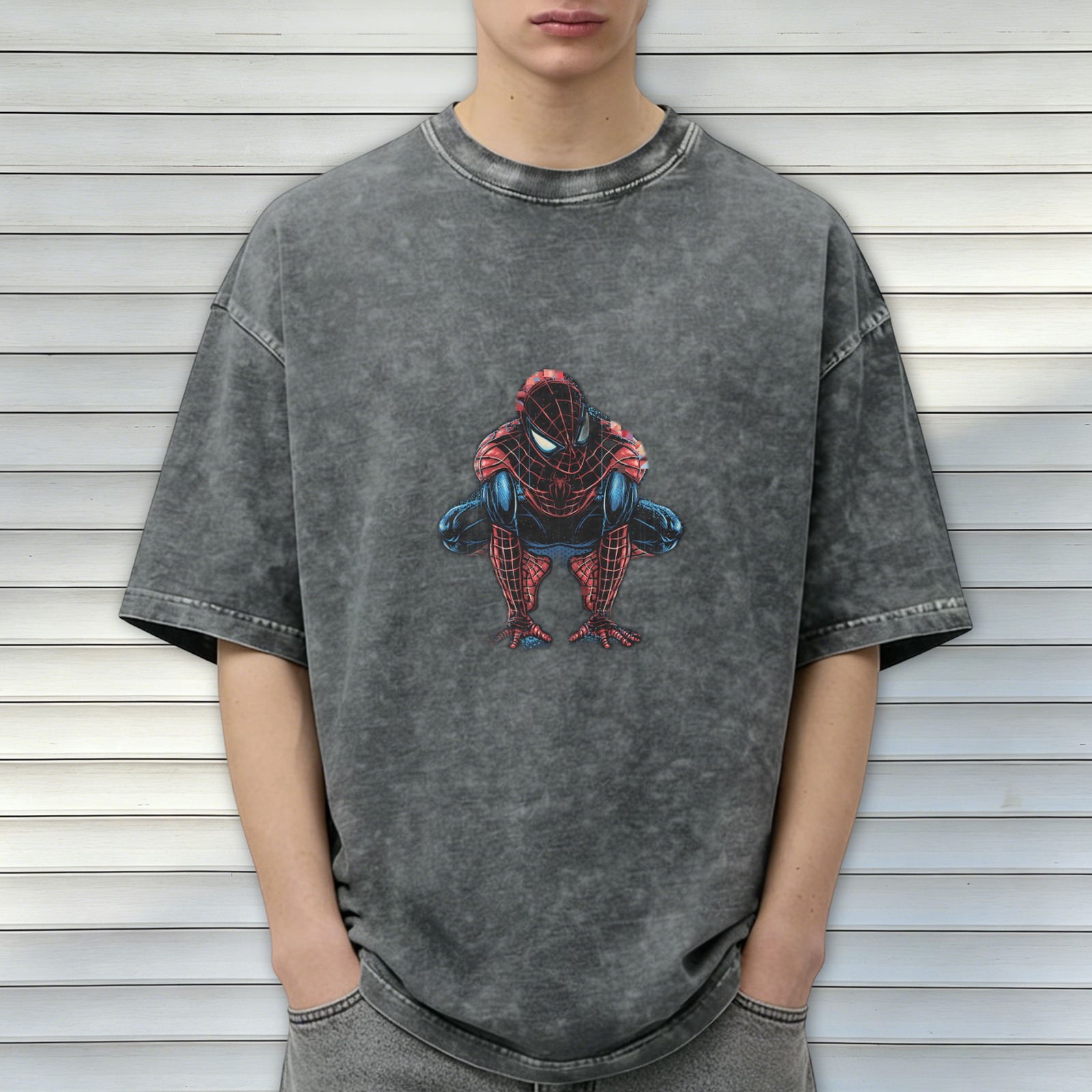Washed Black Oversized T-Shirt with Spider-Man Graphic Print