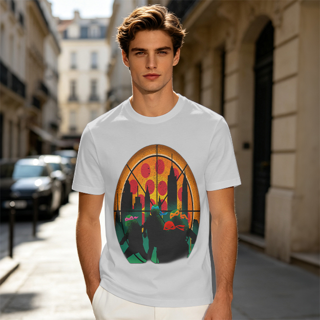 Olive T-Shirt With Ninja Turtles Pizza City Silhouette Print