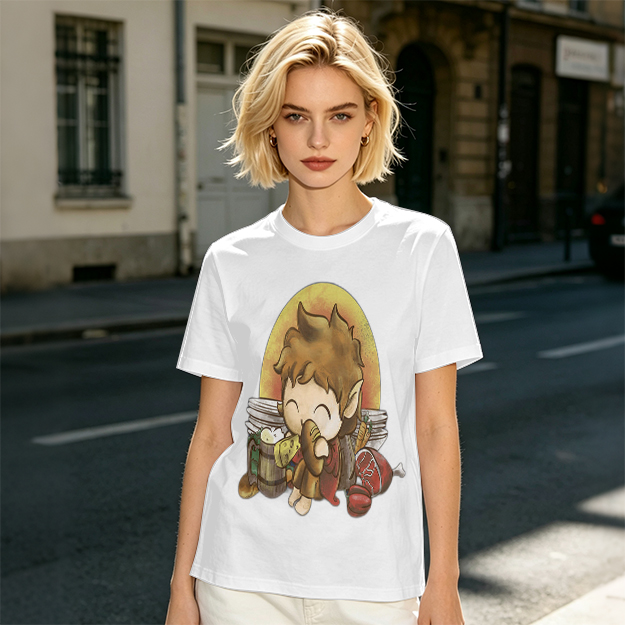 Chibi Hobbit Eating Bread Surrounded by Food T-Shirt