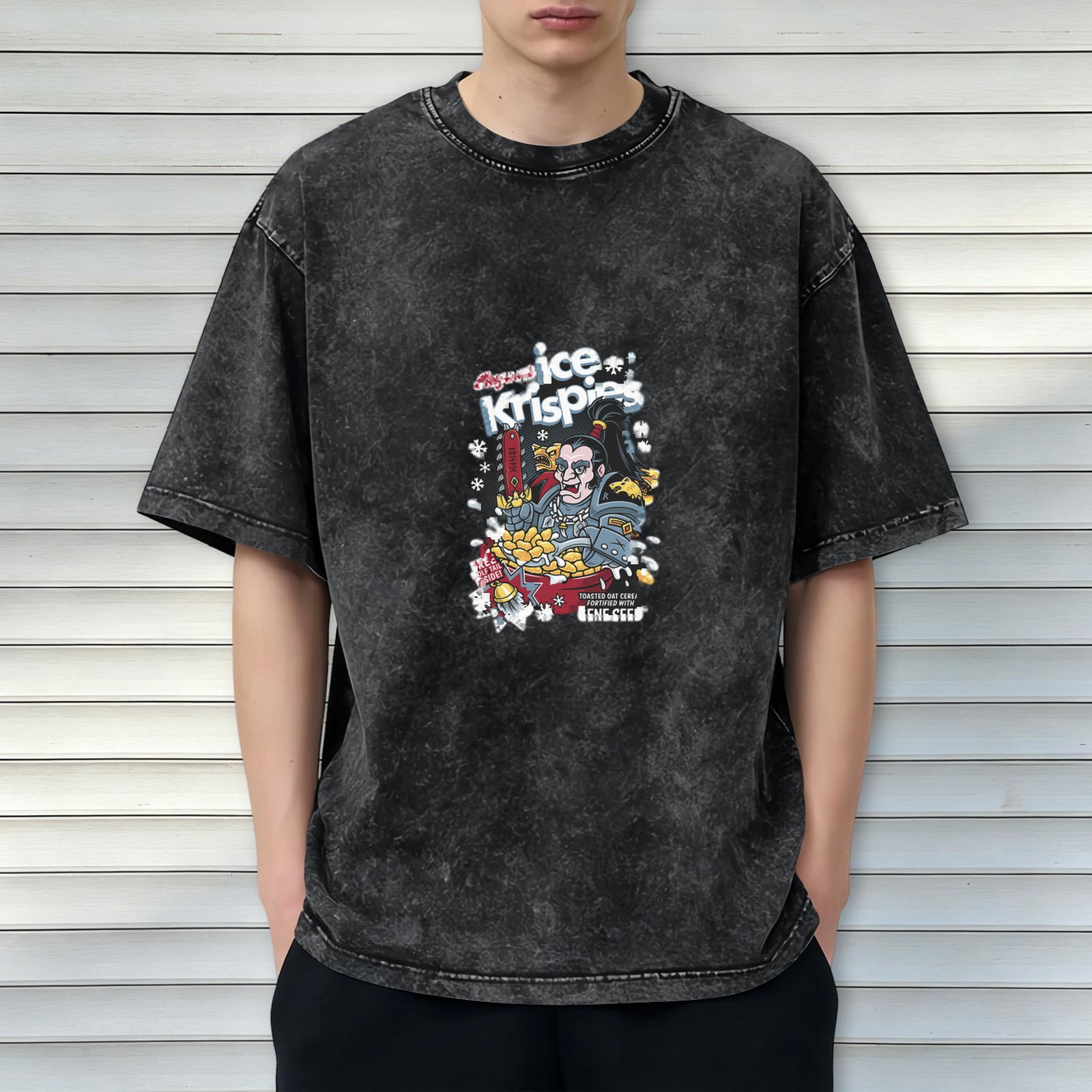 Distressed washed black loose short-sleeved T-shirt Fun co-branded cartoon print top