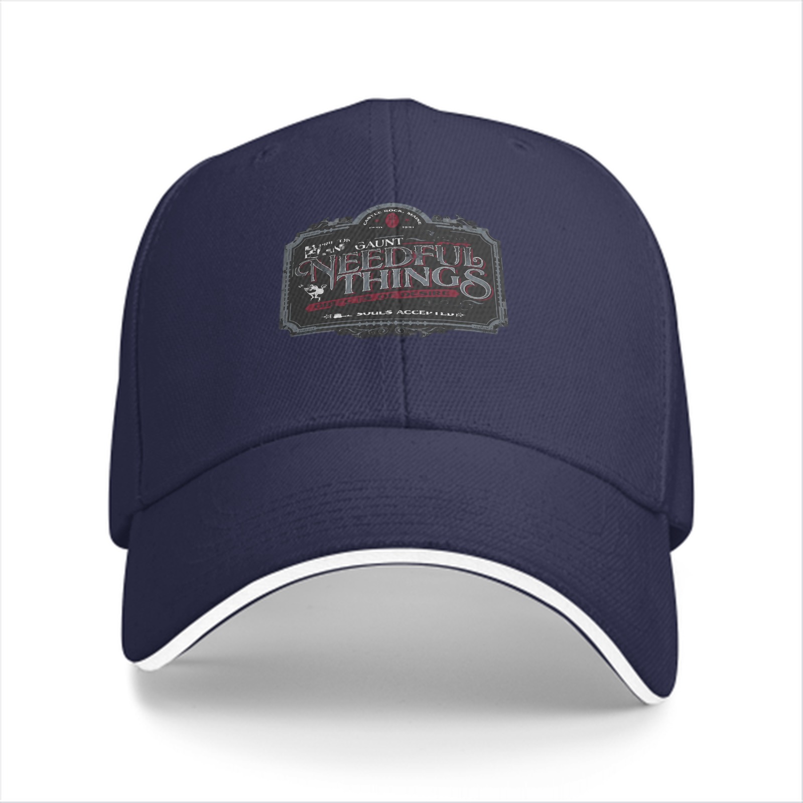 Black baseball cap with Needful Things themed graphic