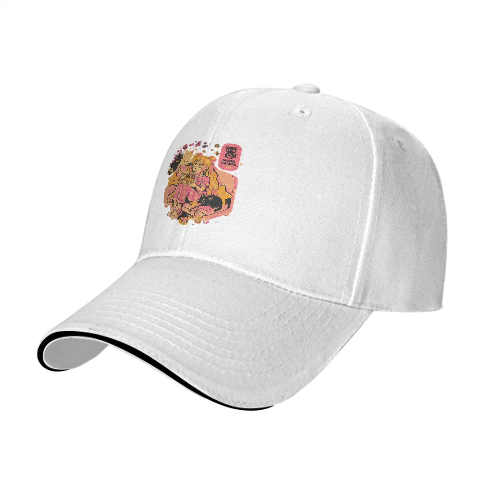 Black Baseball Cap with Anime Girl Eating Ramen Print