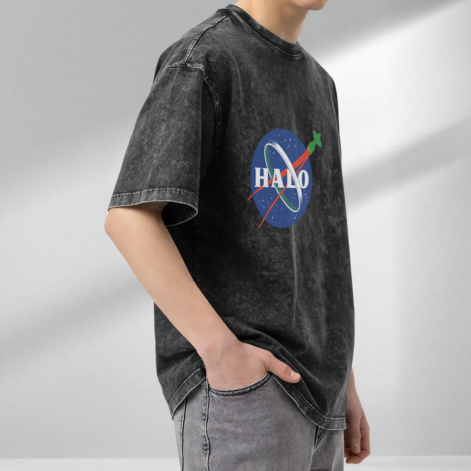 Oversized Acid Wash Black T-Shirt with NASA-style HALO Graphic Print