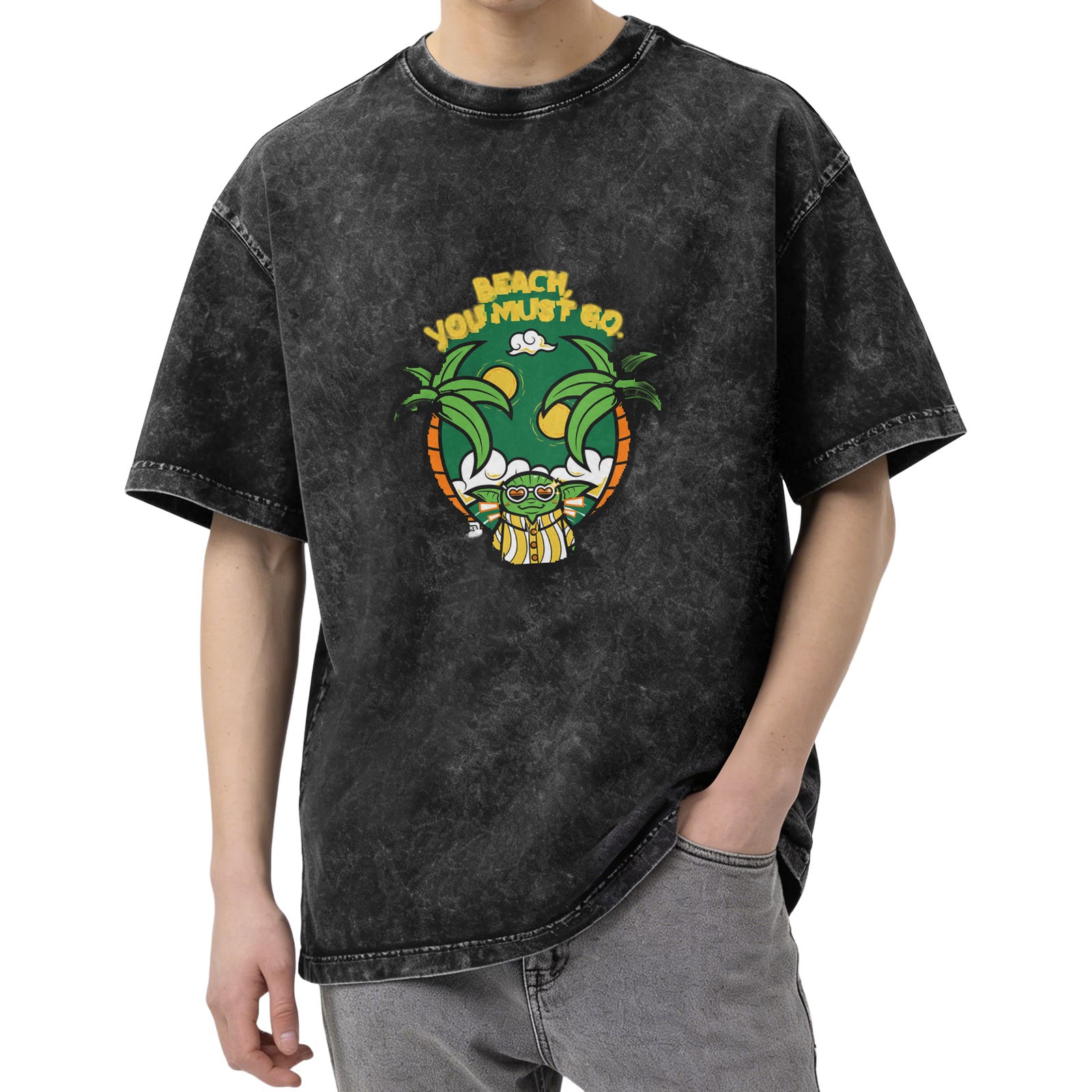 Washed black graphic t-shirt with beach Yoda 'Beach You Must Go' print