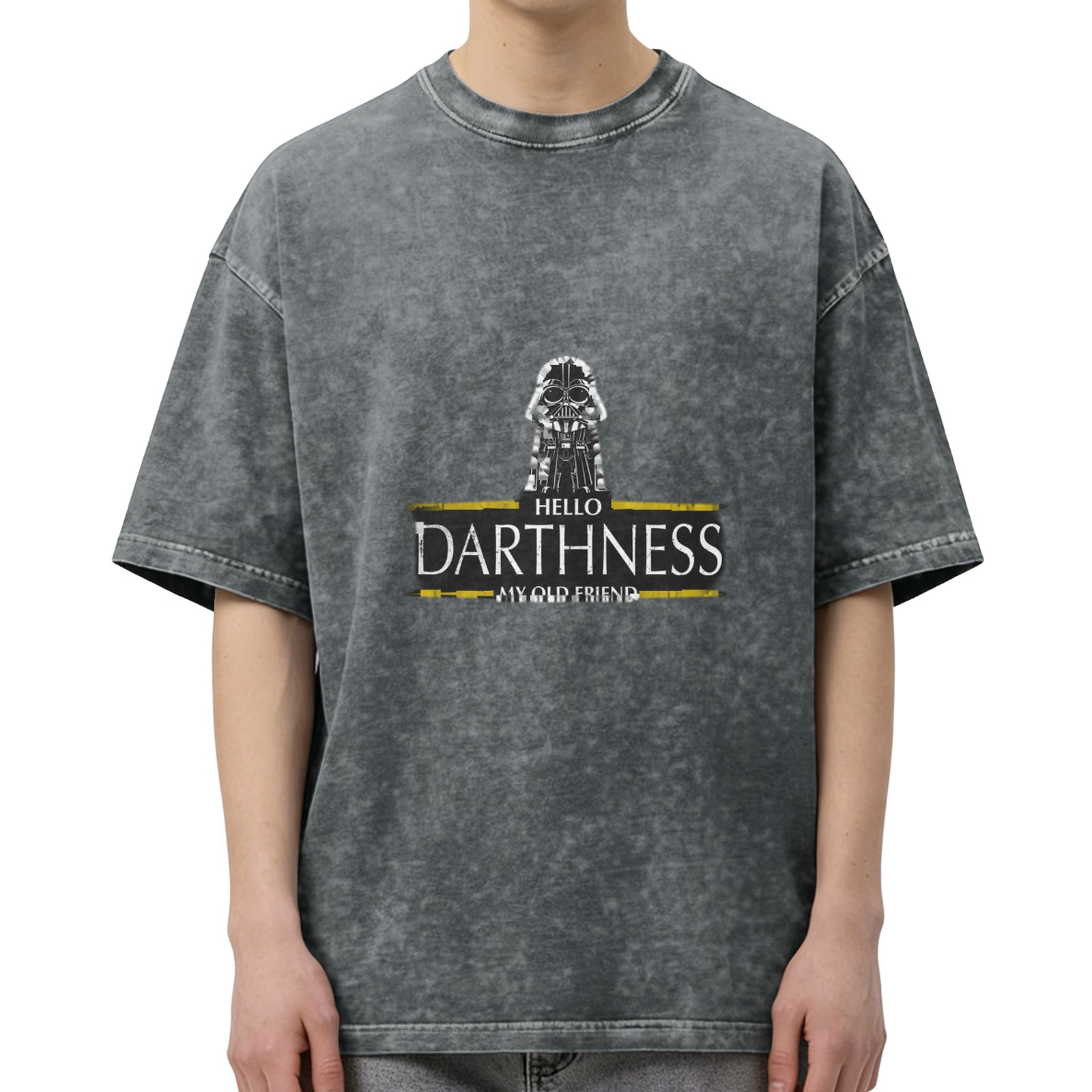 Oversized Stone-Washed Black T-Shirt with 'Hello Darthness My Old Friend' Darth Vader Graphic Print