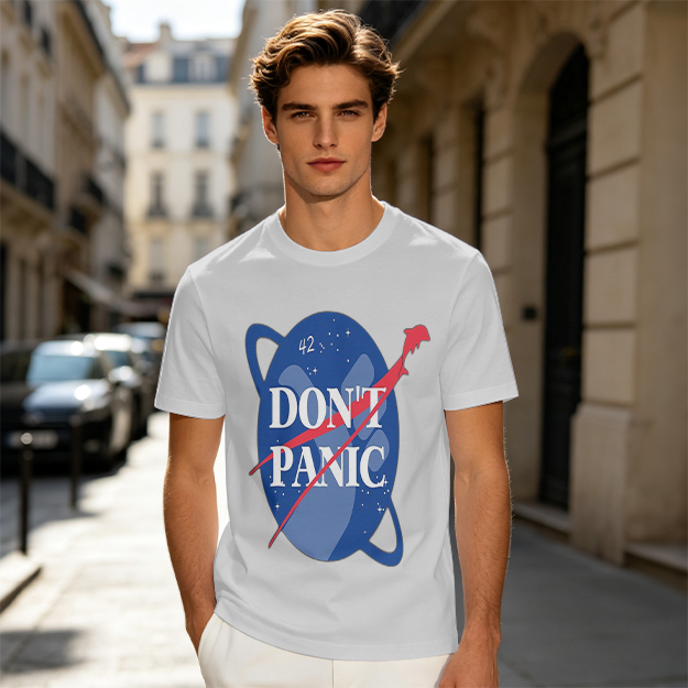 Olive green space-themed t-shirt with 'Don't Panic' print