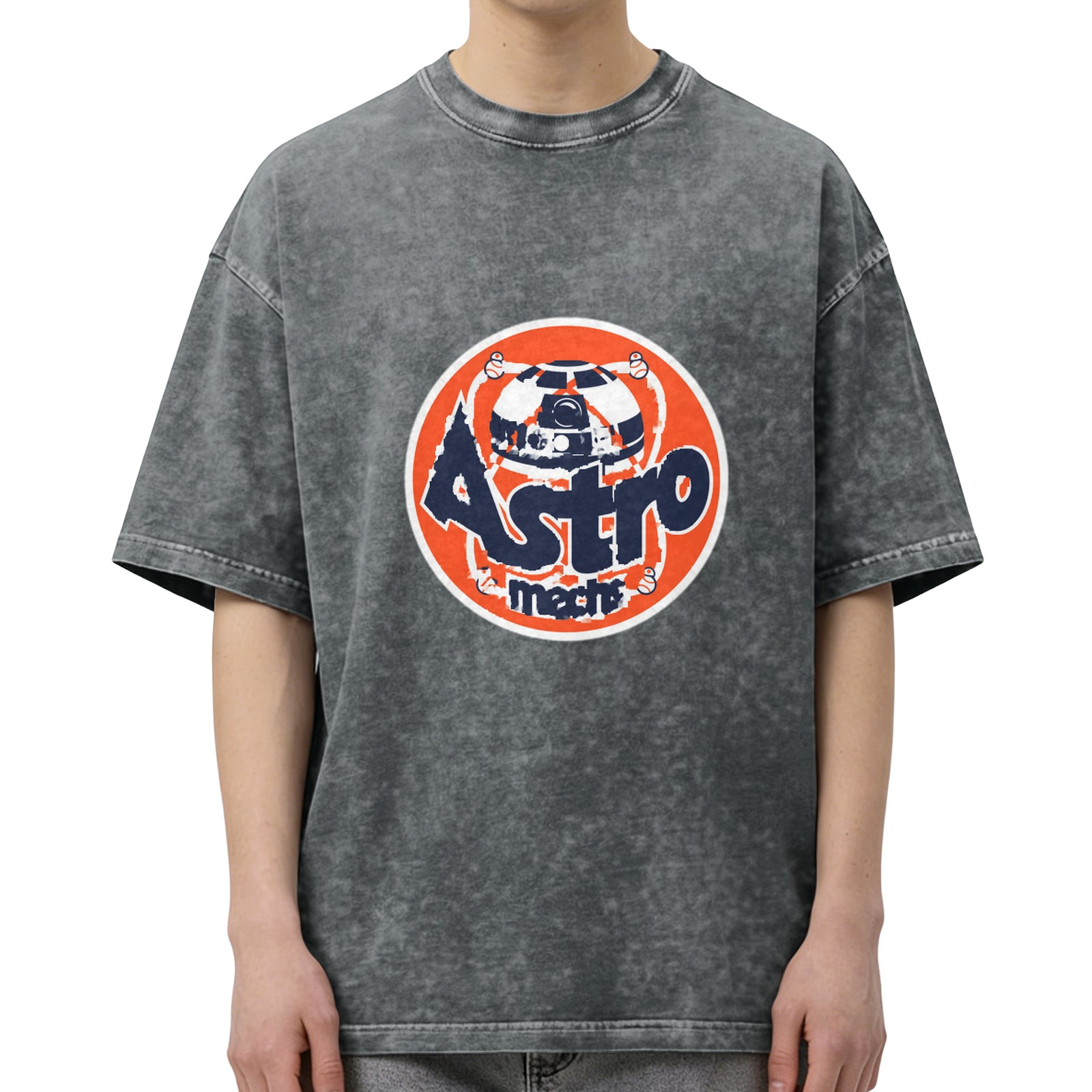 Distressed washed black round neck short-sleeved T-shirt Retro Astro themed printed casual top