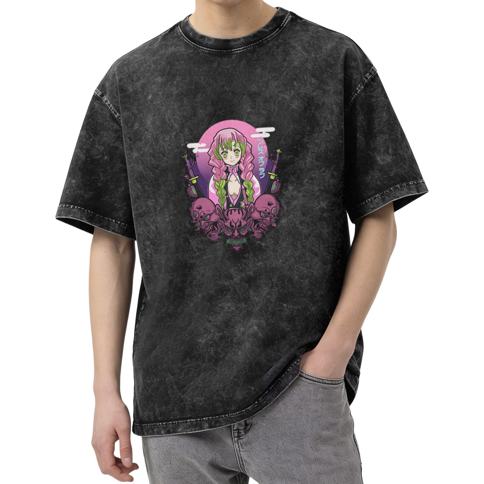 Oversized Acid Wash T-Shirt with Anime Demon Slayer Character Print