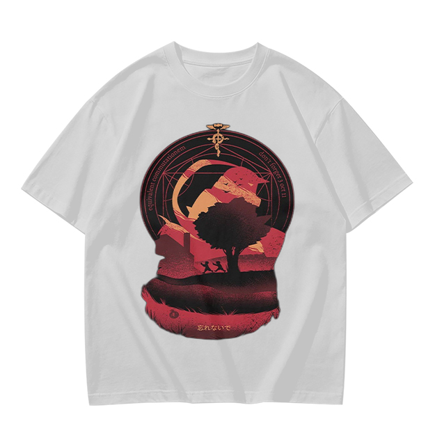 Olive t-shirt with Fullmetal Alchemist inspired sunset landscape print