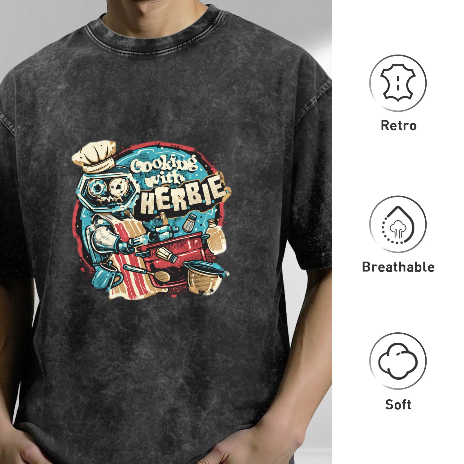 Oversized Washed Black T-Shirt with Cooking Robot Graphic