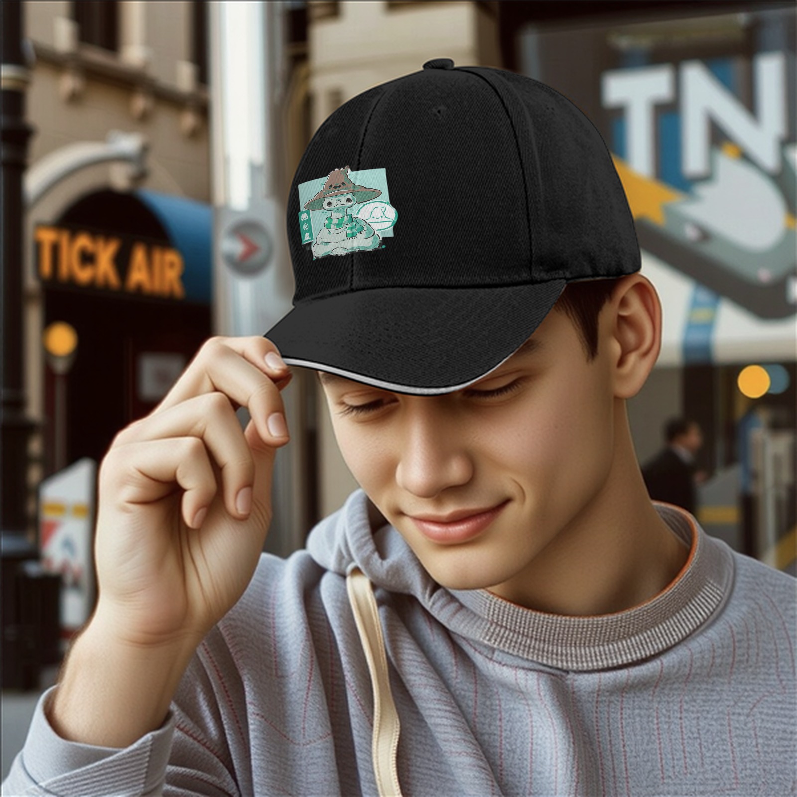Black Baseball Cap With Cute Witch Snake Character Graphic