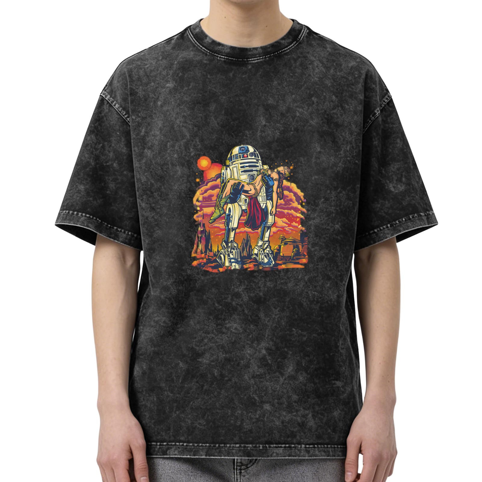 Distressed washed black Star Wars themed printed short-sleeved T-shirt