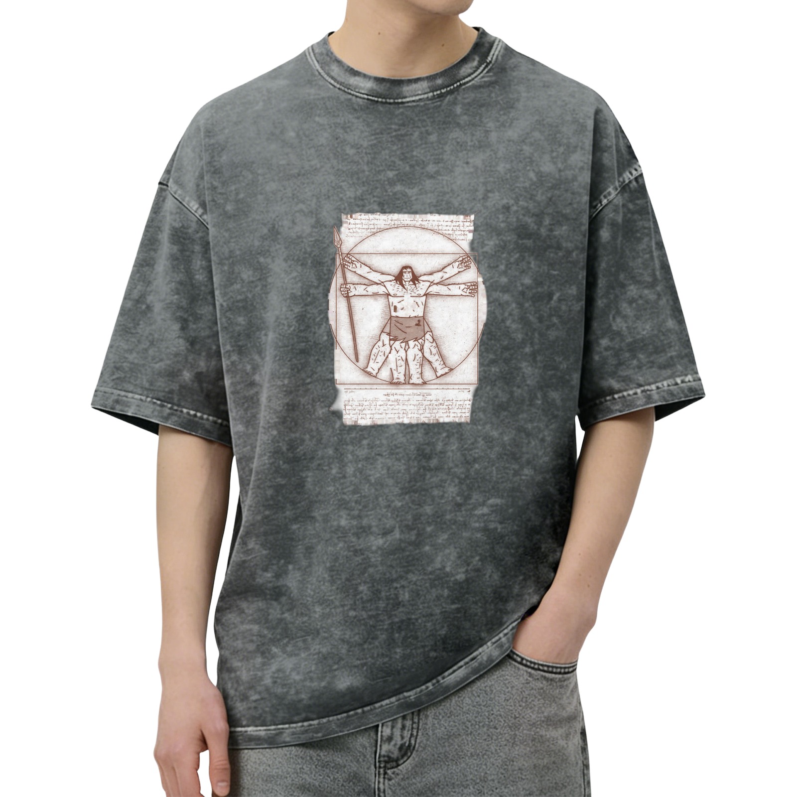 Oversized Acid Wash T-Shirt With Vitruvian Barbarian Print