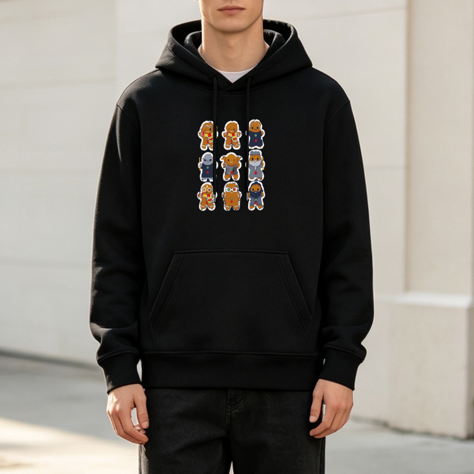 Black hoodie with cute gingerbread character grid print