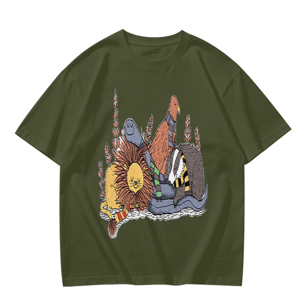 Olive Green T-Shirt With Whimsical Fantasy Creature Graphic Print
