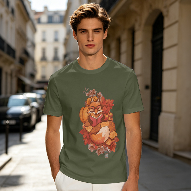 Olive T-Shirt With Autumn Fox Reading Book Pumpkin Leaves Print