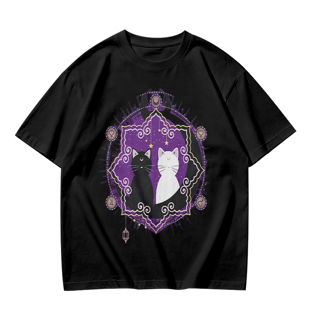 Olive T-Shirt With Celestial Black And White Cat Graphic