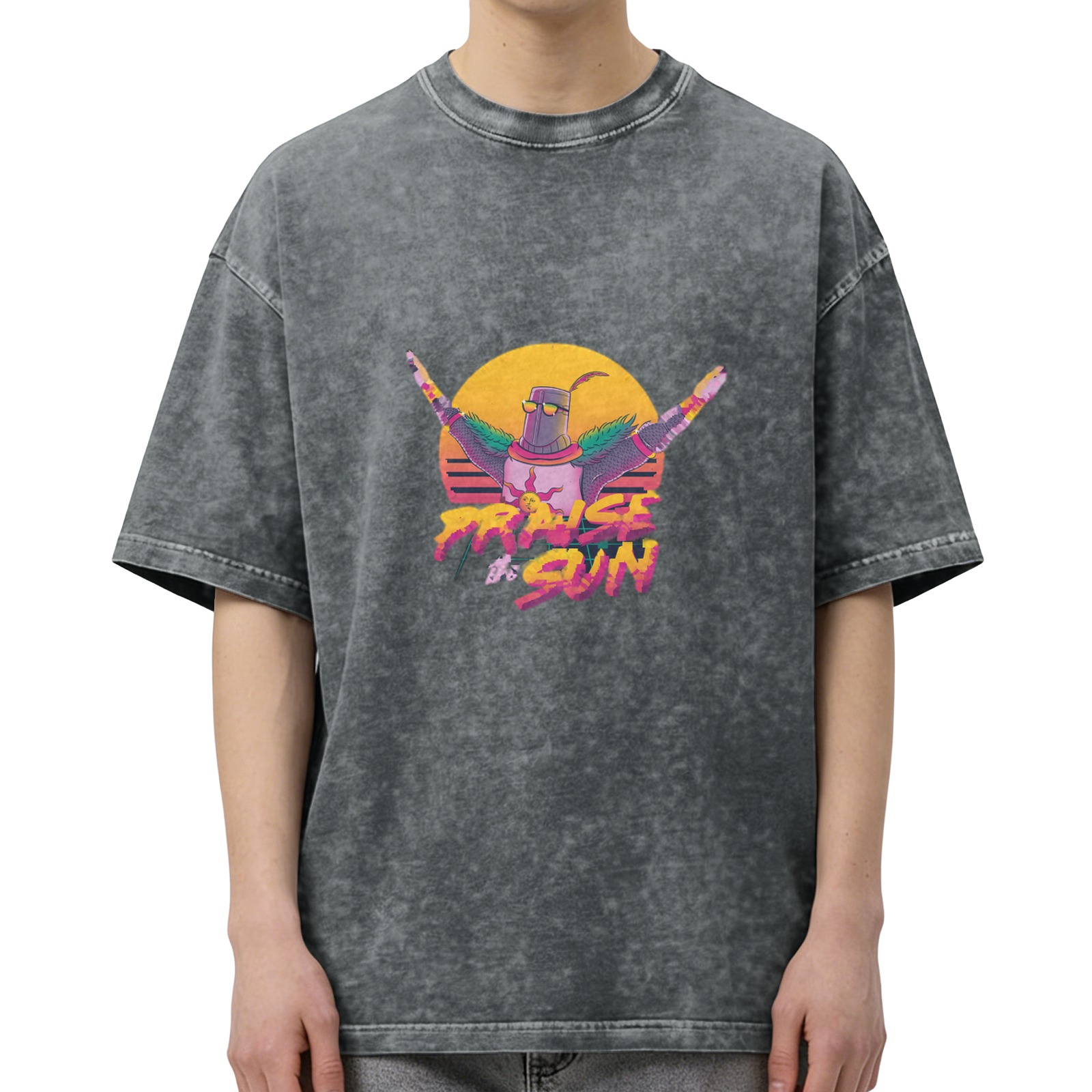 Distressed black short-sleeved T-shirt Retro style compliments Sun Rider printed top