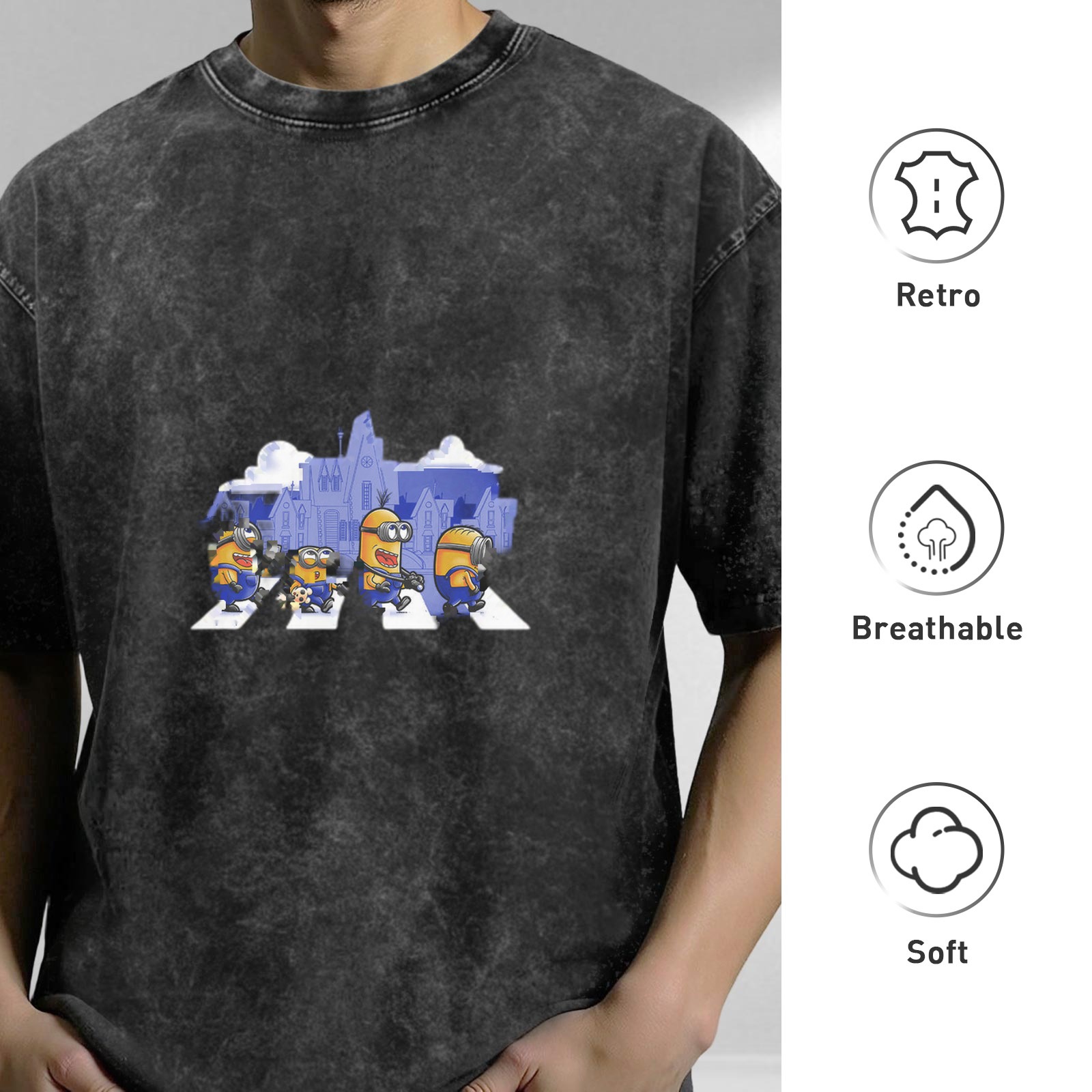 Distressed black short-sleeved T-shirt Minions Abbey Road themed print loose style