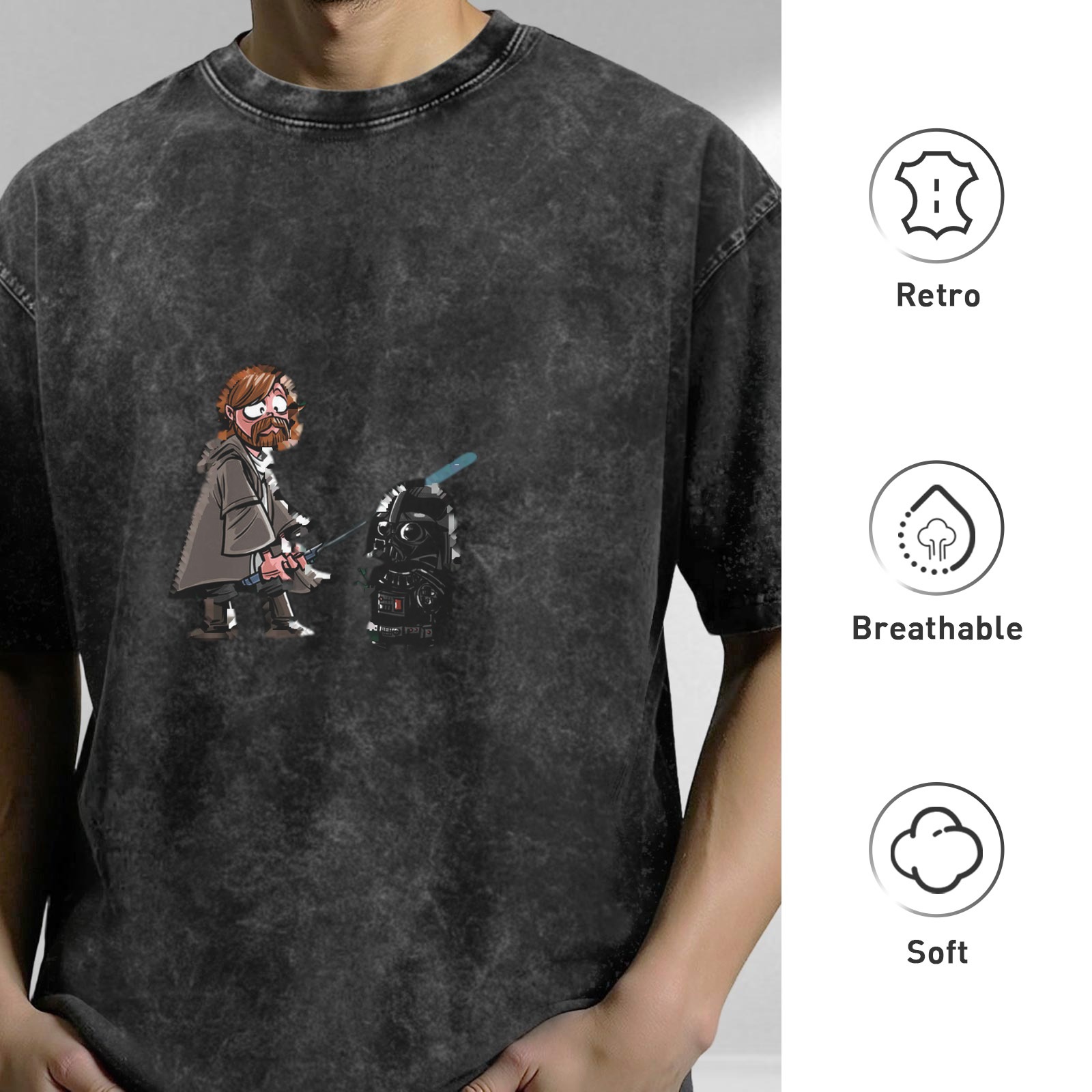 Distressed washed black cartoon Star Wars themed printed short-sleeved T-shirt