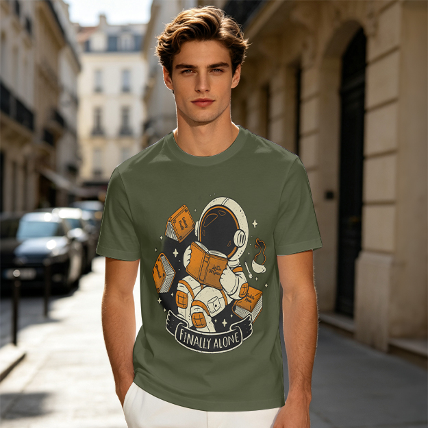 Astronaut Reading Book 'Finally Alone' Graphic T-Shirt Design