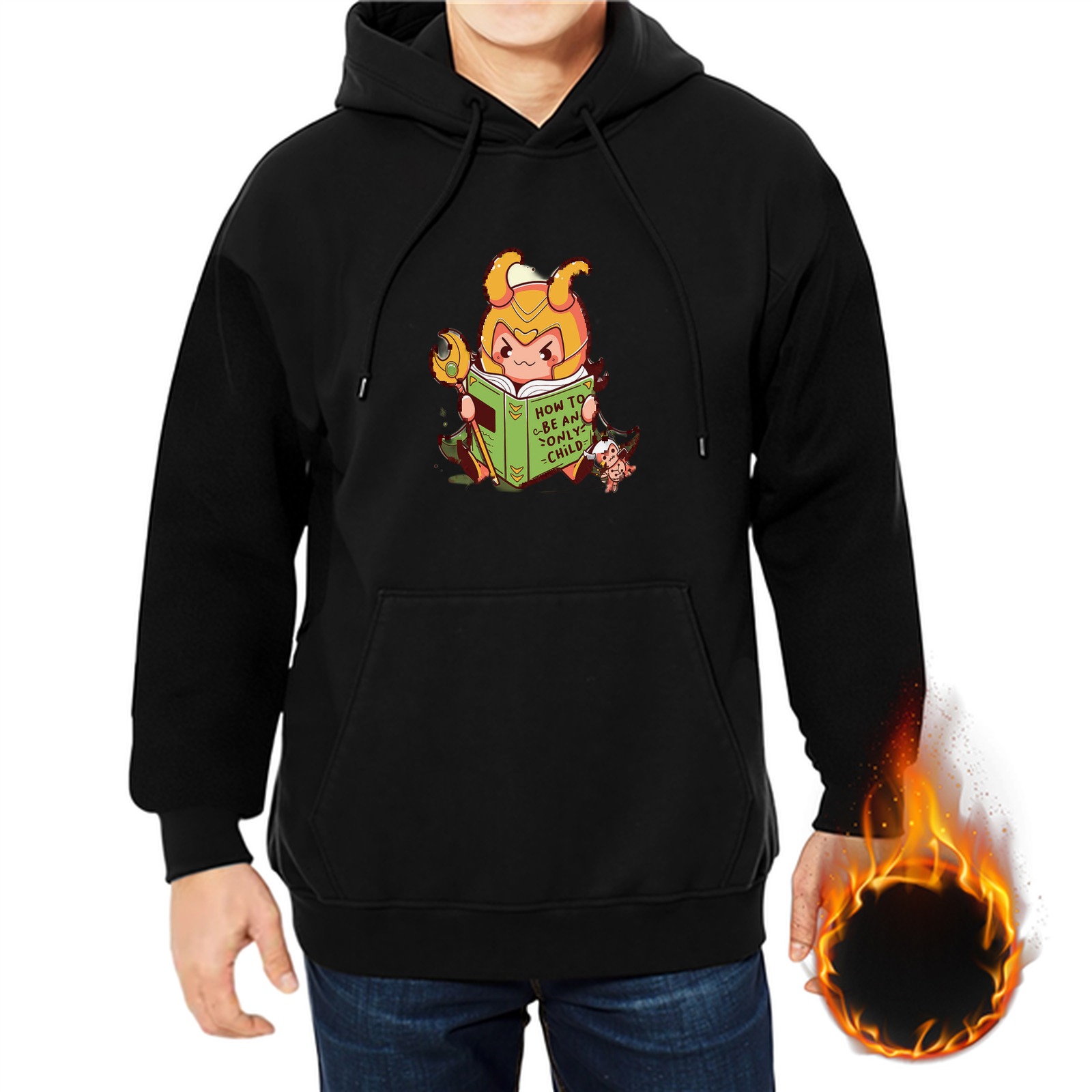 Black hoodie with chibi Loki reading How to Be a Godchild book