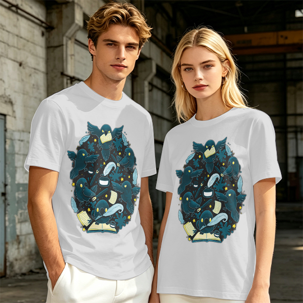 Olive T-Shirt With Whimsical Crow And Stationery Print
