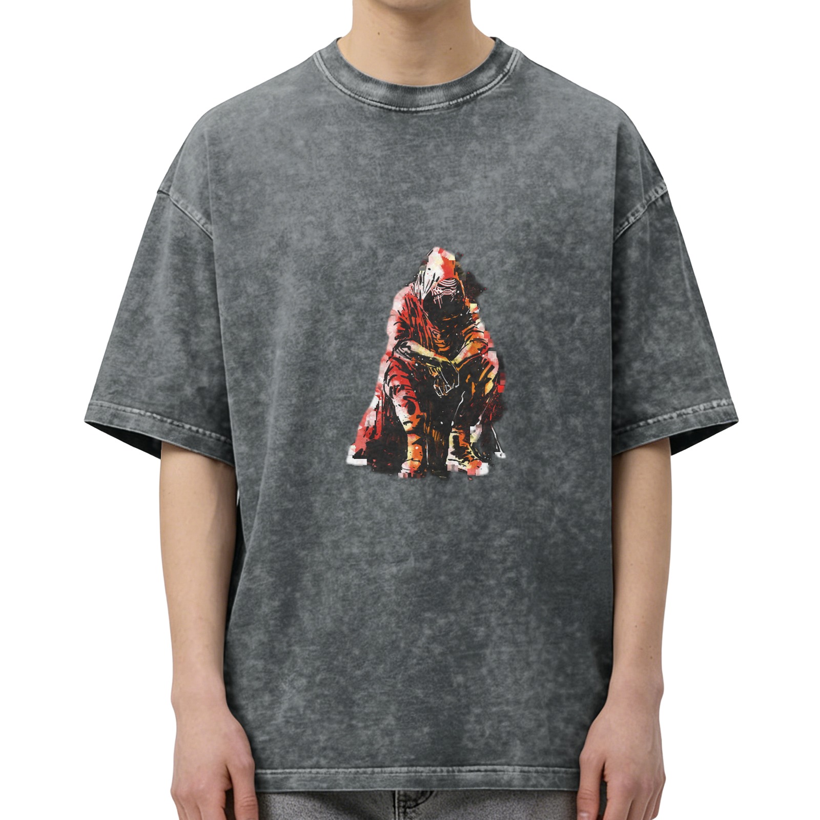 Oversized Acid Wash T-Shirt With Hooded Figure Graphic