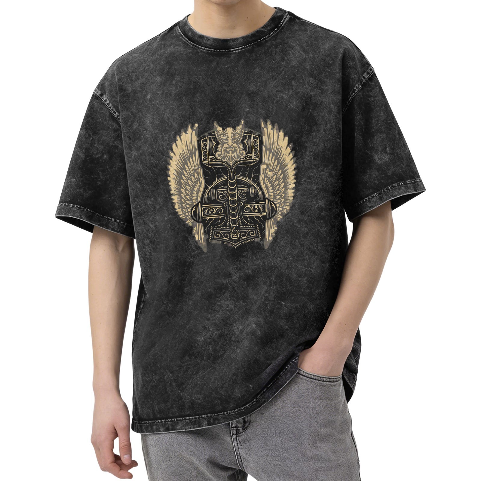 Viking Mjolnir Hammer Graphic Stonewashed Black T-Shirt