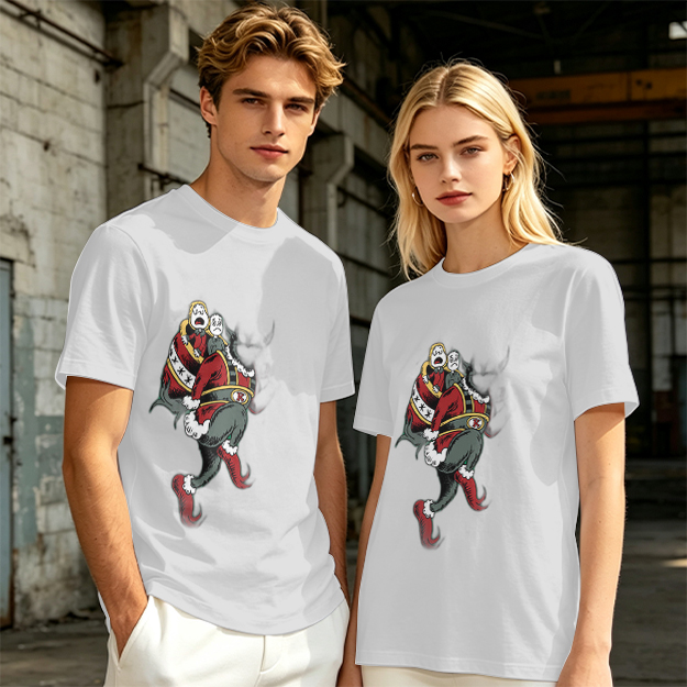 Olive T-shirt with distressed cartoon Santa Claus graphic