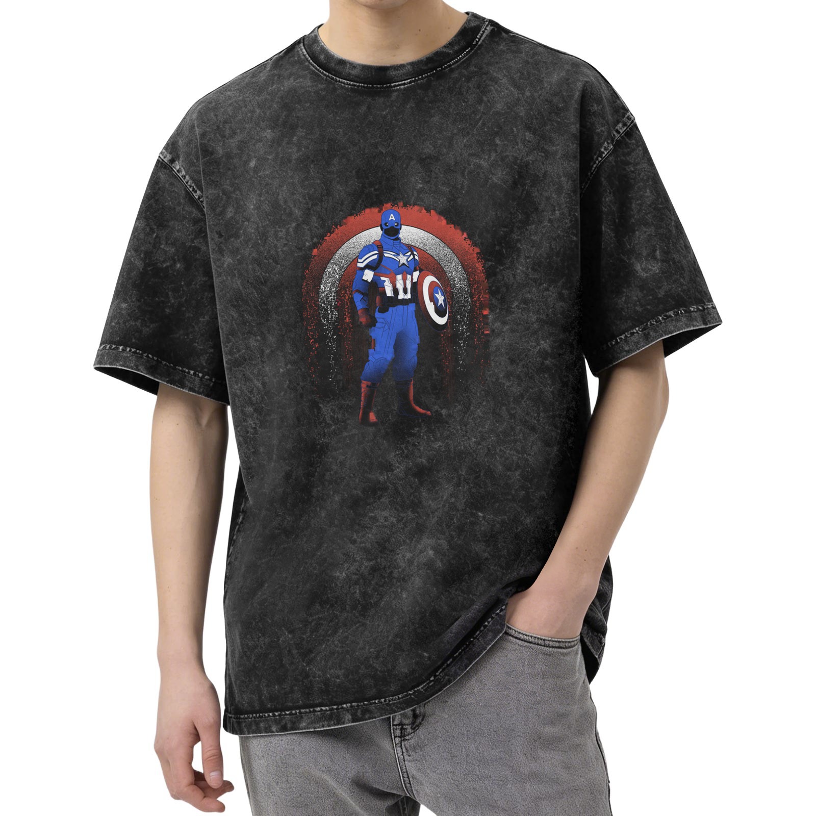 Washed Black T-Shirt with Captain America Graphic Print