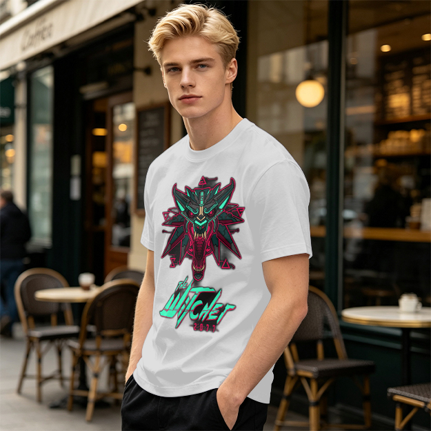 Olive green t-shirt with cyberpunk witcher wolf head graphic