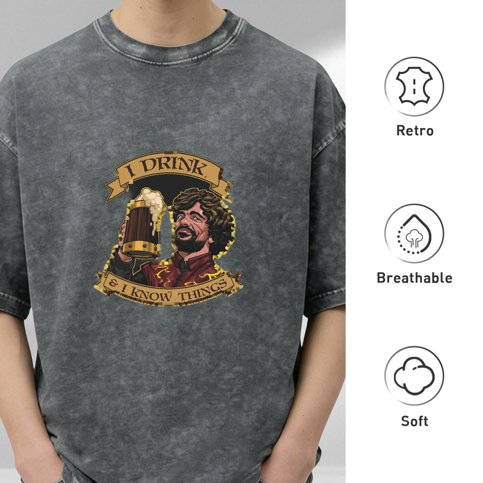 Game of Thrones Tyrion 'I Drink & I Know Things' Graphic Stone Wash Oversized T-Shirt