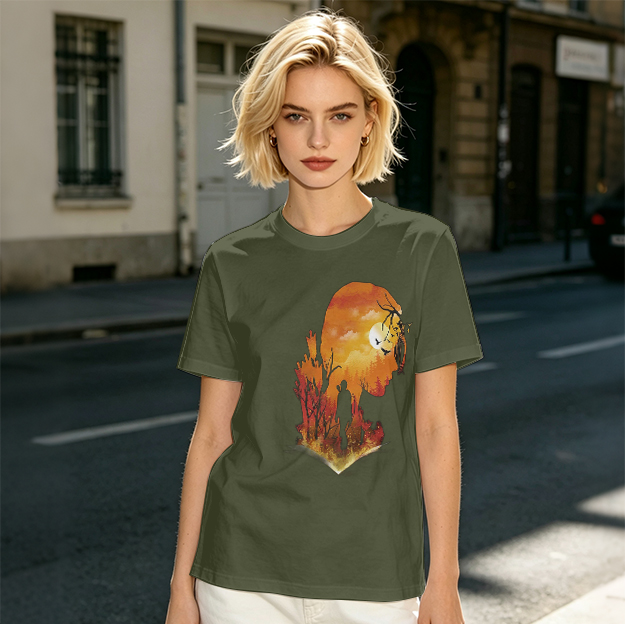 Olive T-Shirt with Sunset Lion Silhouette Graphic Print