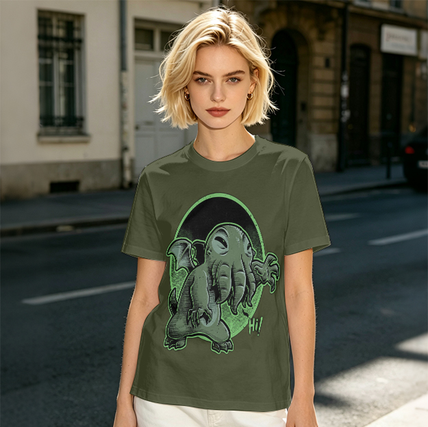 Olive T-Shirt Featuring Cute Cartoon Cthulhu Saying Hi