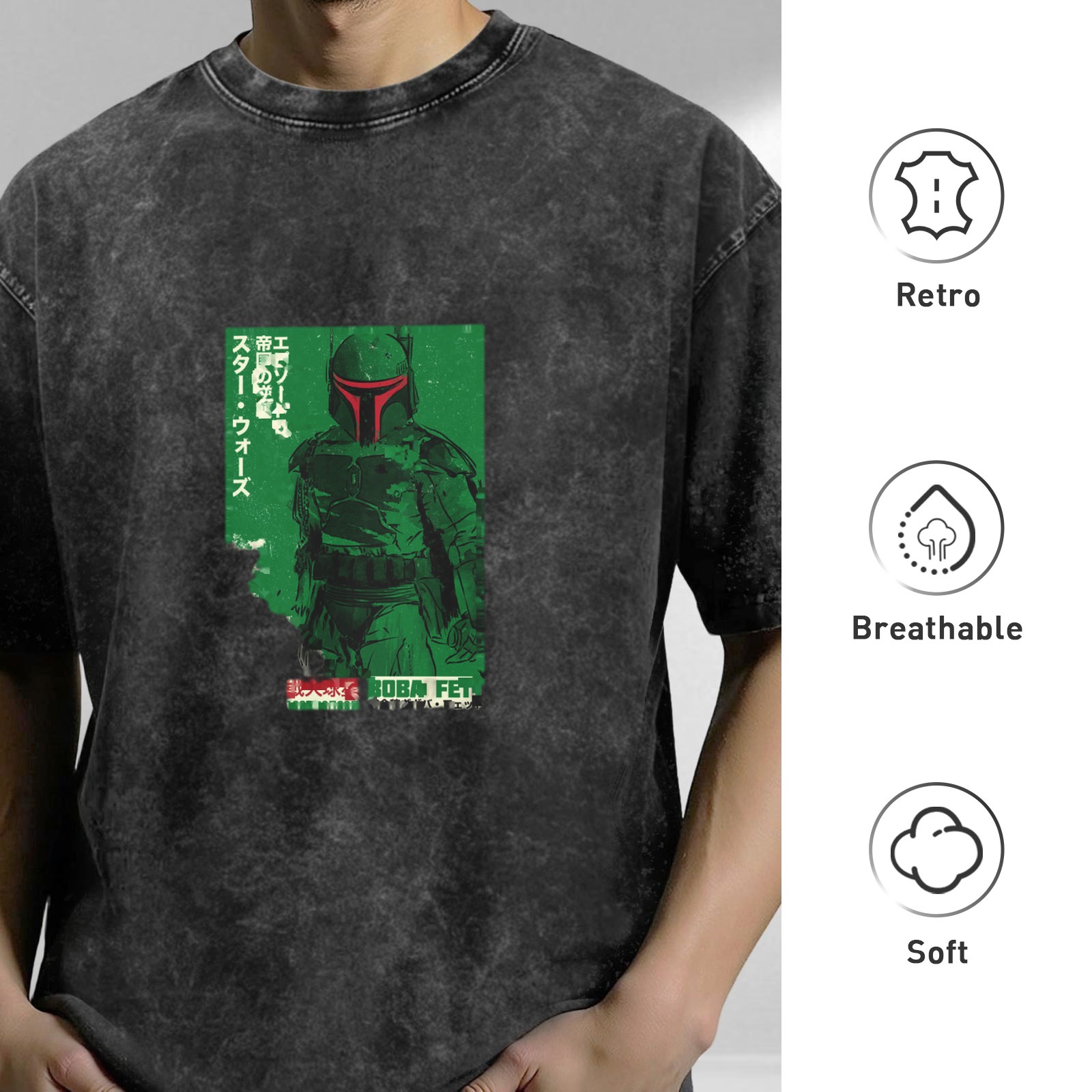 Star Wars Boba Fett Japanese Graphic Acid Wash T-Shirt