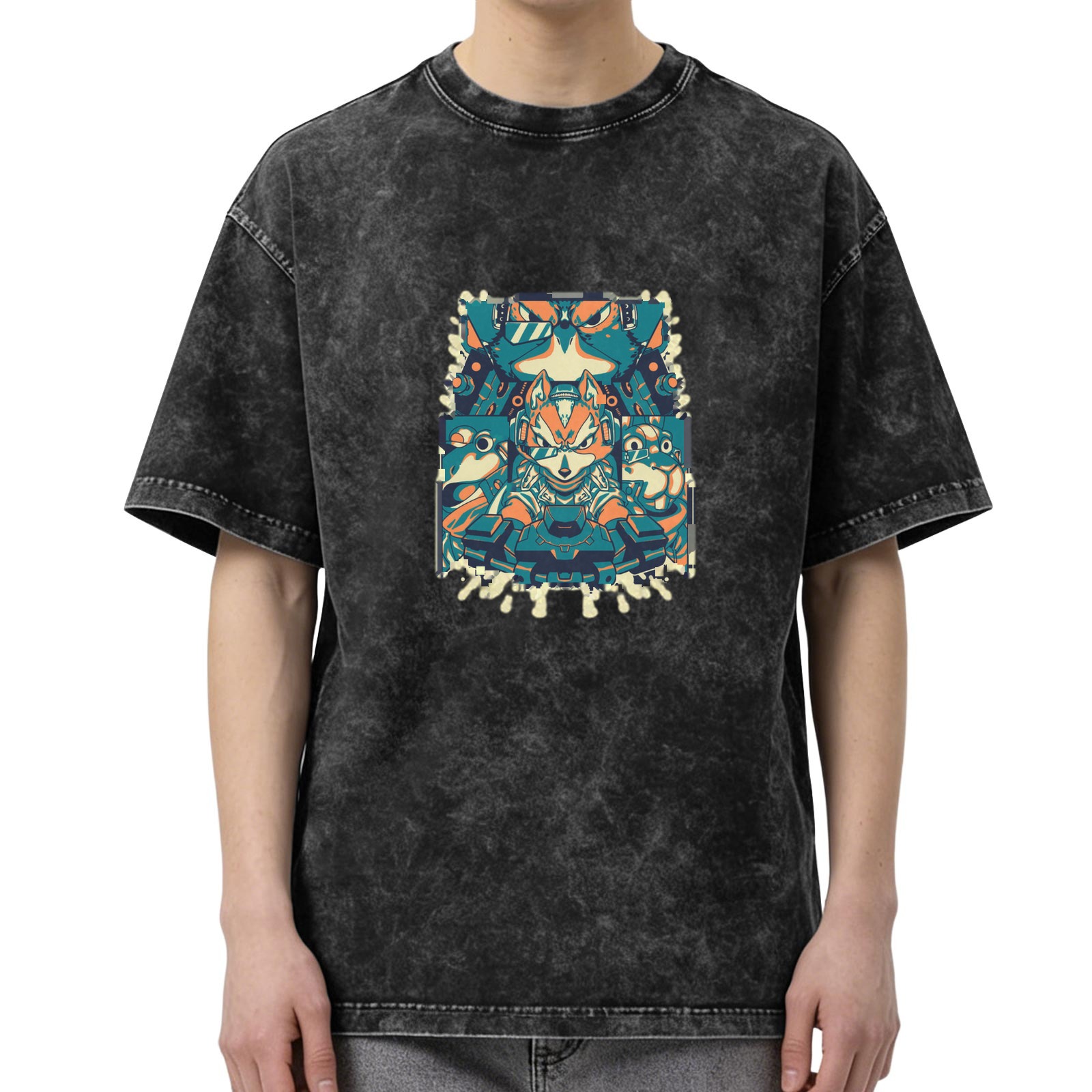 oversized acid wash graphic t-shirt with retro space fox team print