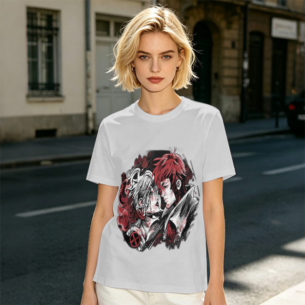 Olive T-Shirt with Anime Style Character Portrait Print