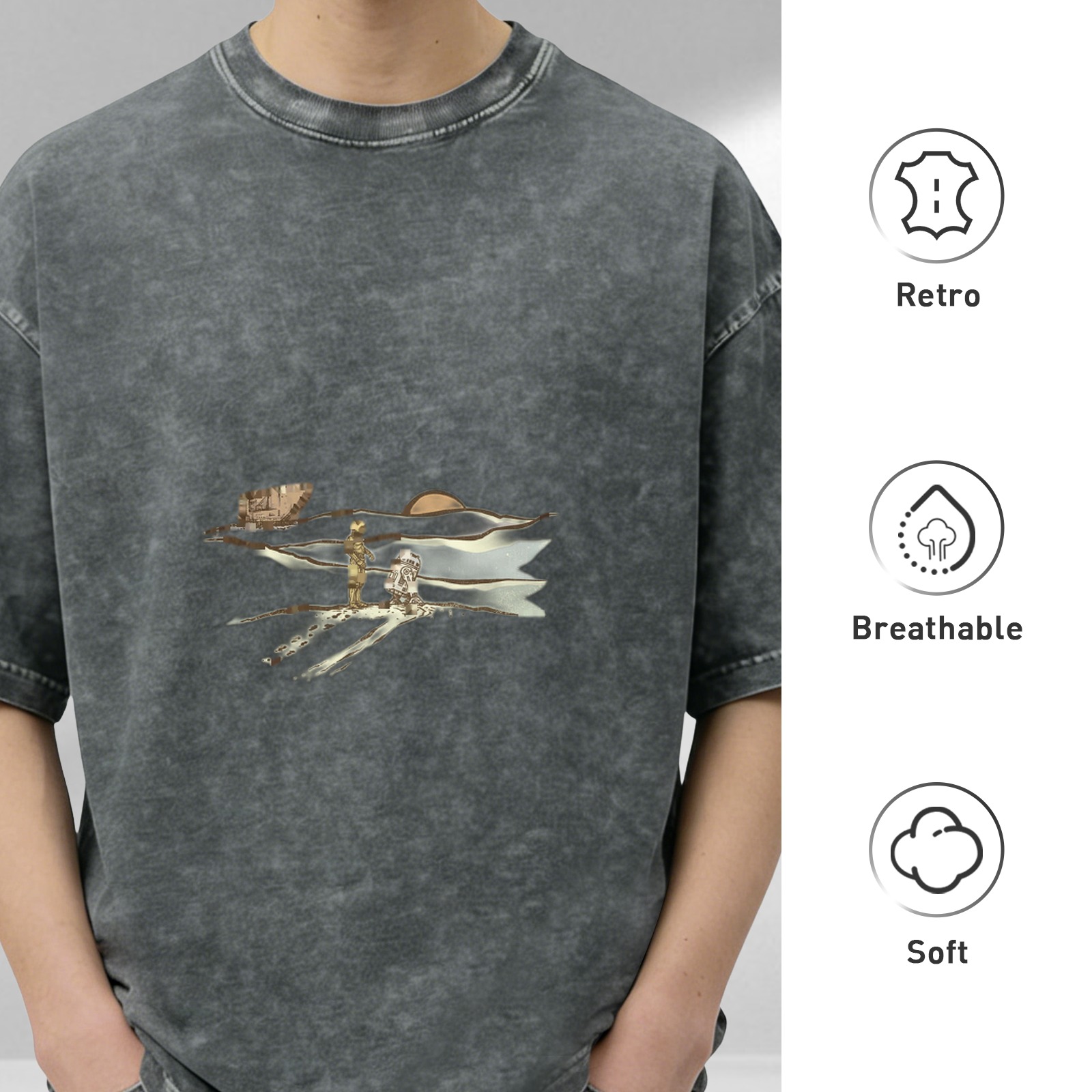 Oversized Acid-Wash Black Graphic T-Shirt with Astronaut & Landscape Print