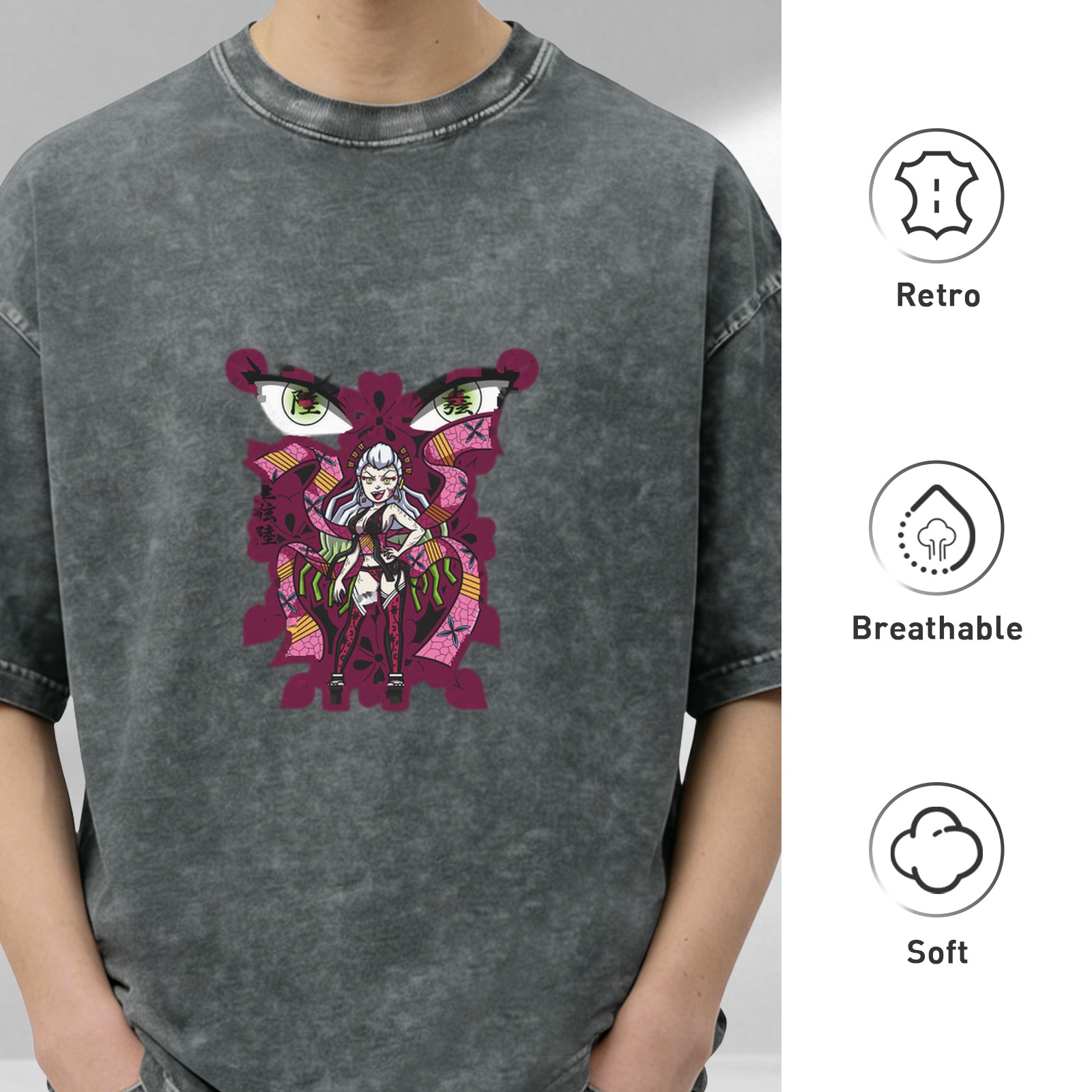 Oversized dark washed anime graphic t-shirt with demon character print
