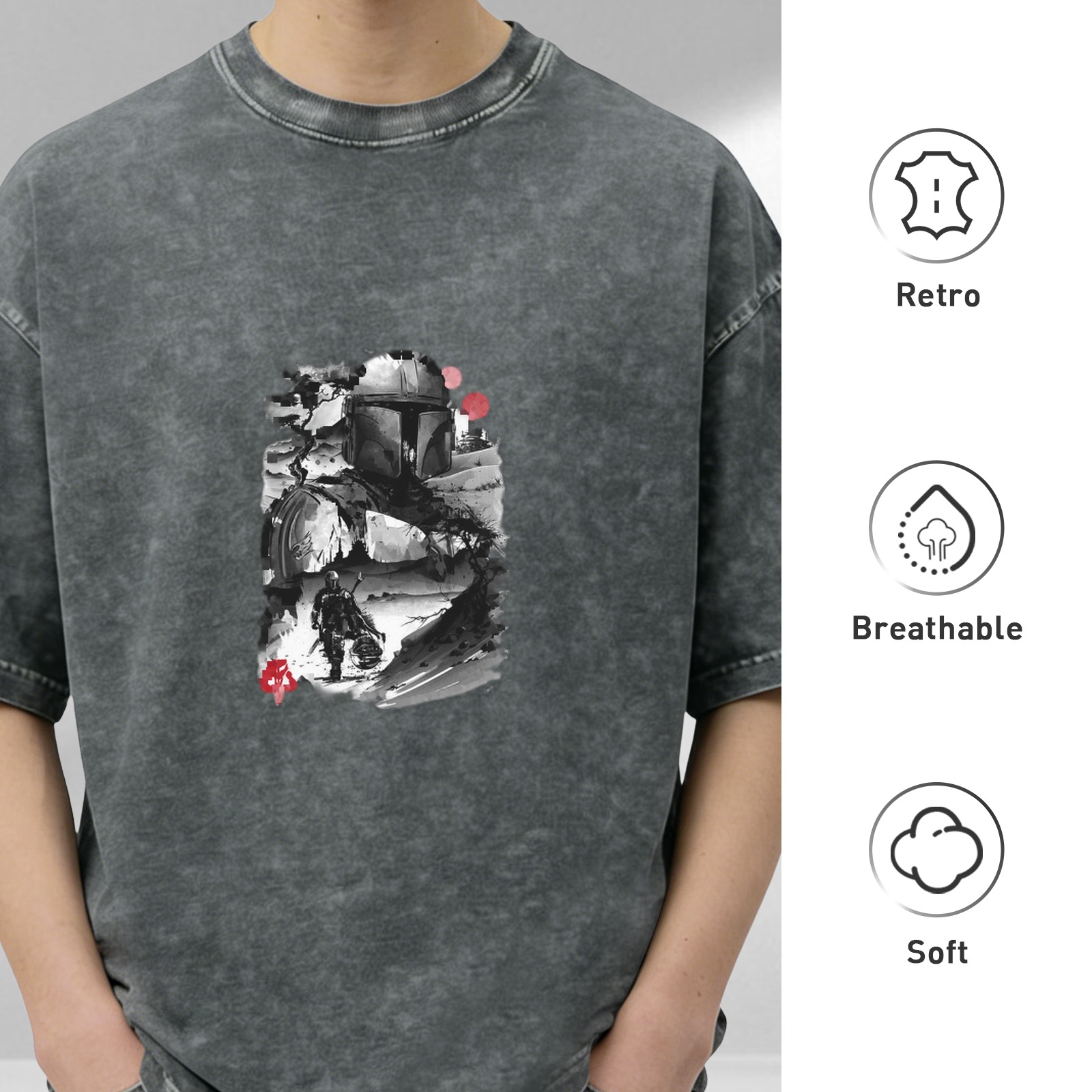 Washed Black Graphic T-Shirt with Sci-Fi Warrior Art Print